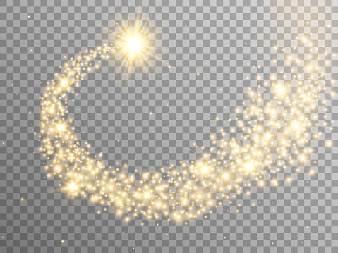 Gold star spiral. Christmas glowing element on transparent backdrop. Magic glittering star with gold dust. Swirl light effect for greeting card, poster or web. Vector illustration.