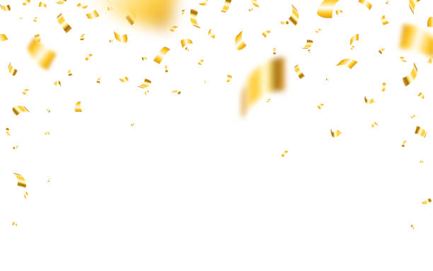 ilustrações de stock, clip art, desenhos animados e ícones de confetti on white background. realistic christmas confetti. falling yellow elements. flying shiny tinsel. anniversary template for greeting card or website. vector illustration - foco em primeiro plano