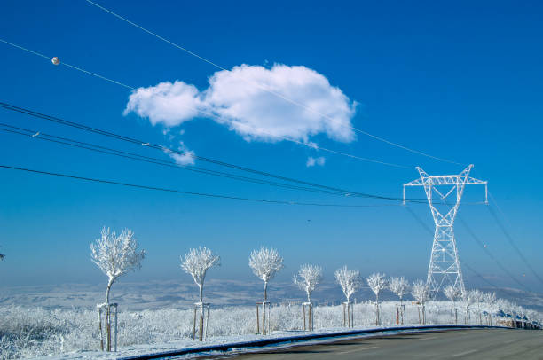 Power lines in cold weather in winter