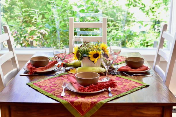 istock Fall autumn thanksgiving table setting for celebratory festive family dinner. 1339121166