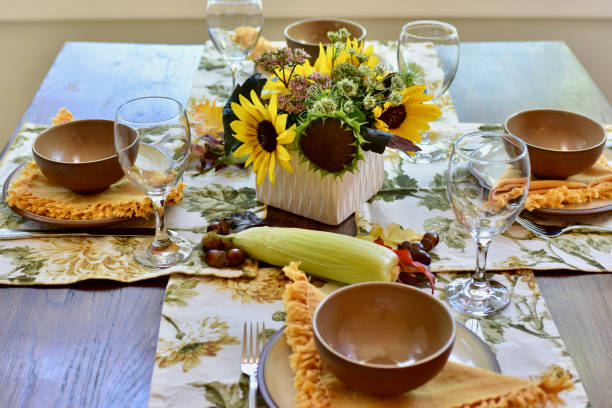 istock Fall autumn thanksgiving table setting for celebratory festive family dinner. 1339121214