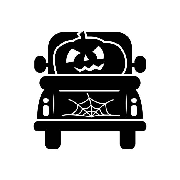 illustrazioni stock, clip art, cartoni animati e icone di tendenza di silhouette del camion di halloween con zucche. abbozzo automobile con raccolto autunnale isolato su sfondo bianco. - pick up truck old car traffic