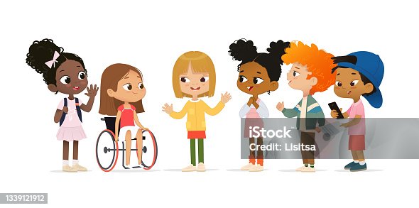 istock A group of multicultural children are talking to each other. Children greet a new girl in a wheelchair, greet a new friend. The concept of inclusive education at school. Asian boy scanning QR code. School friends are having fun. 1339121912