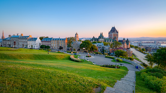 Panorama of Old Quebec city at daybreak, chateau Frontenac in the background, Quebec, Canada