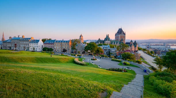 Panorama of Old Quebec city Panorama of Old Quebec city at daybreak, chateau Frontenac in the background, Quebec, Canada quebec stock pictures, royalty-free photos & images