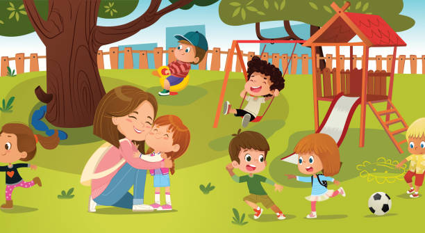 Happy caring mother hugging little cute daughter at childish playground vector flat illustration Happy caring young mother hugging little cute daughter at childish playground vector flat illustration. Smiling family embracing to each other at natural entertainment park with slides and swings recess cartoon stock illustrations