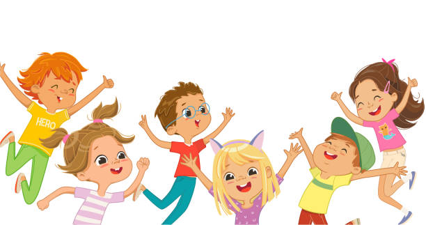 illustrations, cliparts, dessins animés et icônes de groupe joyeux sauter enfants d’âge préscolaire se réjouissant de profiter d’une enfance heureuse ayant une illustration plate vecteur d’émotion positive. adorables garçons et filles décontractés s’amusent ensemble bannière horizontale isol� - preschooler playing family summer