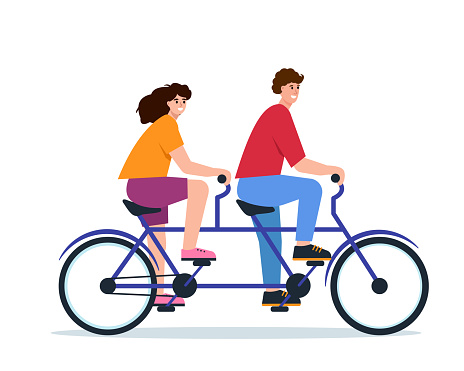 Young man and woman on double bycicle. Smiling happy couple ride tandem bike. Character flat vector illustration isolated on white background.