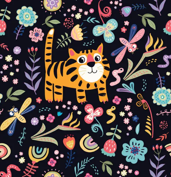 Vector illustration of Cute tiger at blossom flowering hand drawing childish seamless pattern vector flat illustration