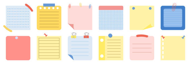 Set of different sticky paper notes on white background. Set of different sticky paper notes on white background. Various blank notes with elements of planning for business office, writing reminds. Flat cartoon vector illustration cartoon of glue stick stock illustrations