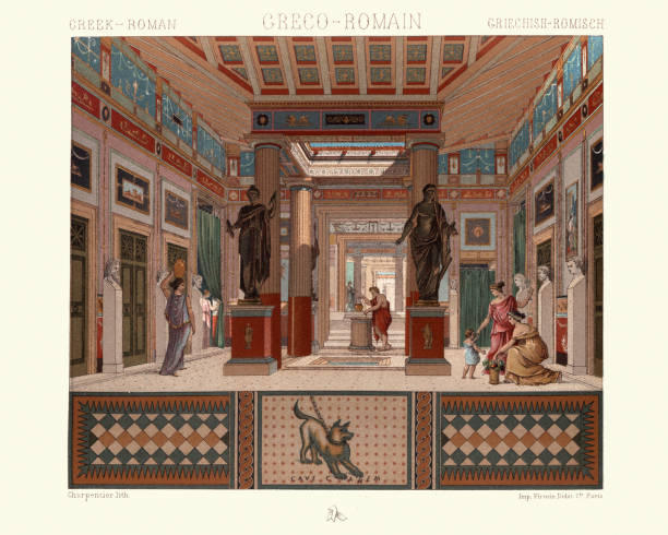 illustrations, cliparts, dessins animés et icônes de architecture gréco-romaine classique, atrium d’une maison à pompéi, style grec - greco roman