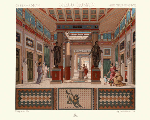 klasyczna architektura grecko-rzymska, atrium domu w pompejach, styl grecki - greco roman obrazy stock illustrations