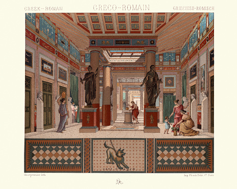 Vintage illustration of Classical Greco Roman architecture, Atrium of a house in Pompei, Greek style