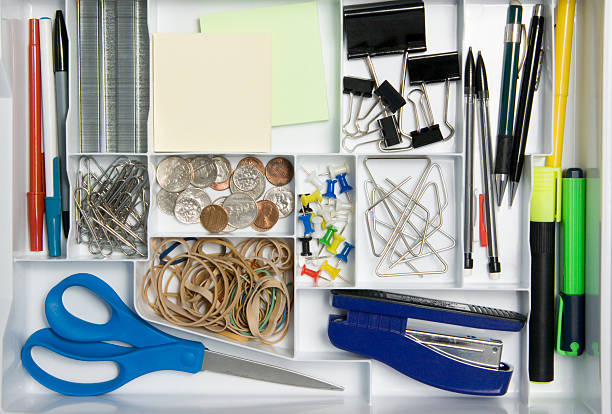 Office Supply Drawer Contents of an office drawer. neat office stock pictures, royalty-free photos & images