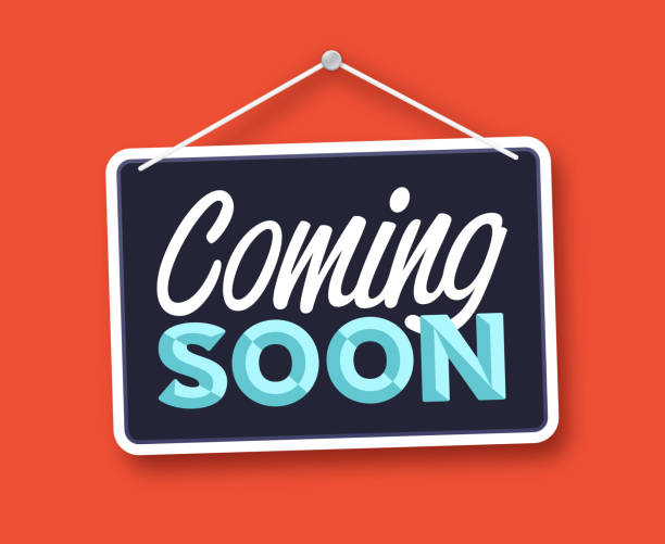 Coming Soon Hanging Sign Coming Soon retro blue and black business hanging sign. opening event stock illustrations