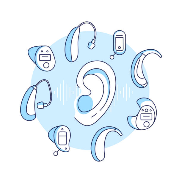 Deafness concept.Different types of hearing aids by size, type.Linear vector illustration in flat style. Deafness concept.Choosing a hearing aid for deaf people.Different types of hearing aids by size, type.Linear vector illustration of human ear and icons in flat style.Design for banner,ads and websites ears white background stock illustrations