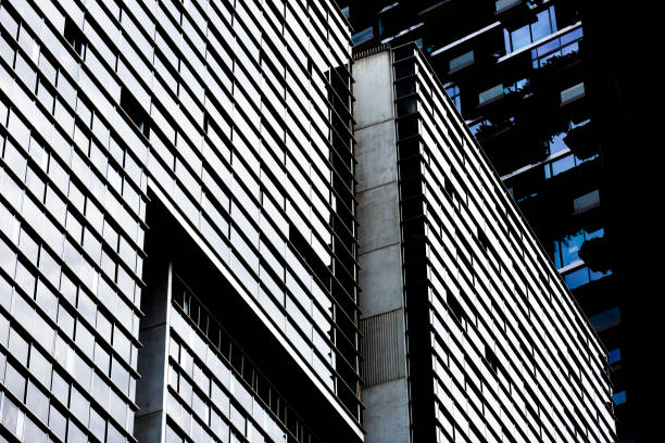 Low angle view of modern office buildings, abstract background with copy space, full frame horizontal composition