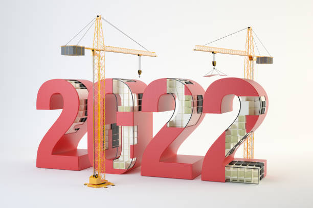 2022 and cranes, 3d illustration - built structure construction three dimensional shape building activity imagens e fotografias de stock