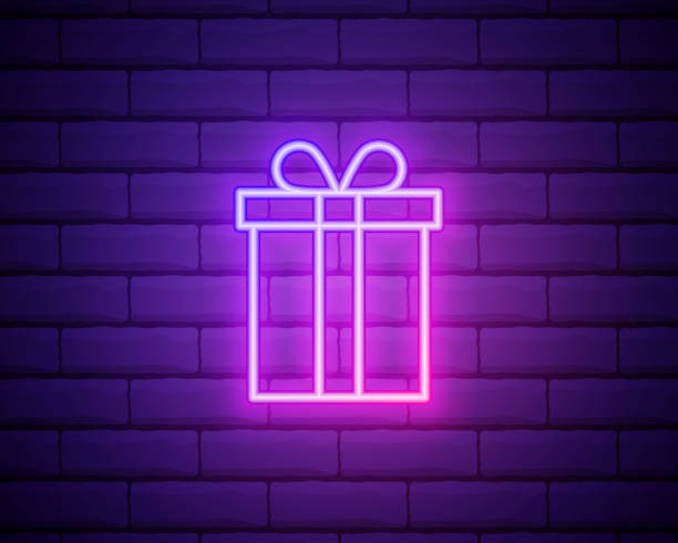 istock Neon gift box sign. Glowing present box icon in neon style. Promotion or sale concept. Vector illustration. 1339143353