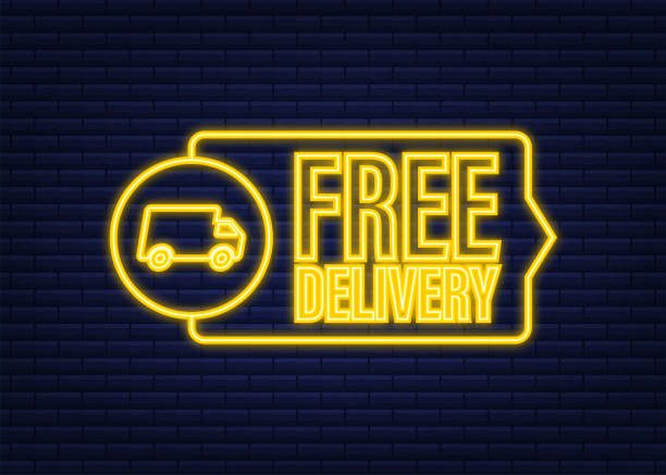 ilustrações de stock, clip art, desenhos animados e ícones de free delivery. neon icon. badge with truck. vector stock illustrtaion. - 11305