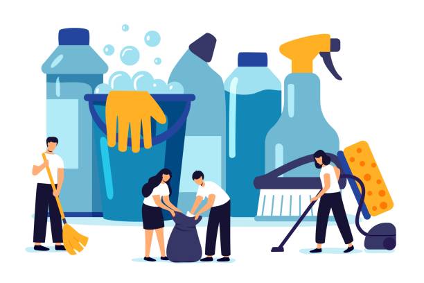 ilustrações, clipart, desenhos animados e ícones de conceito de ilustração de vetores de limpeza serviço de higiene profissional para domicílios domésticos grupo de pessoas que fazem limpeza de quarto produtos químicos sanitários para lavanderia, piso, cozinha e banheiro - empregado da limpeza