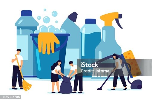 istock Cleaning vector illustration concept Professional hygiene service for domestic households Group of people making cleanup of room Sanitary chemical products for laundry, floor, kitchen and toilet 1339147706