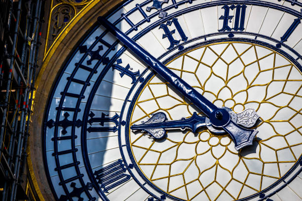 The Big Ben clock tower restored with dials and clock hands repainted Prussian blue, UK