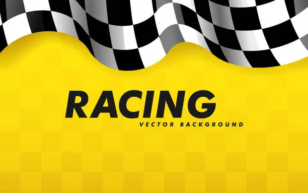 Vector illustration of Waving checkered flag along the edges on a yellow background. Modern illustration.