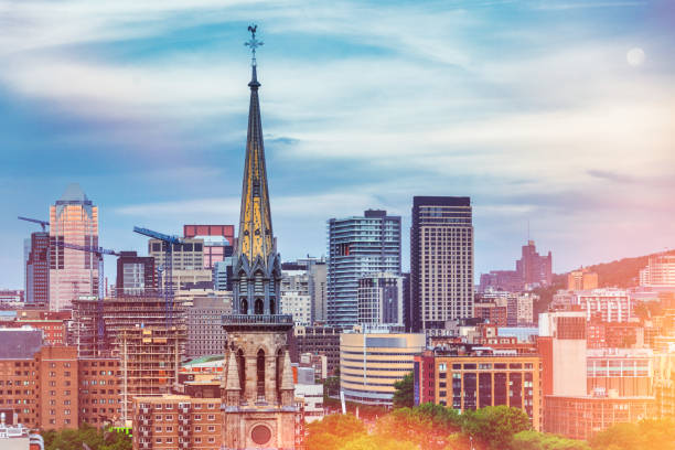 City skyline or cityscape from a vantage point with a light leak