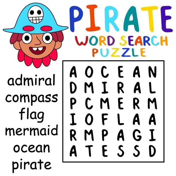 Vector illustration of Help hand-drawn pirate captain solve the pirate word search puzzle vector illustration