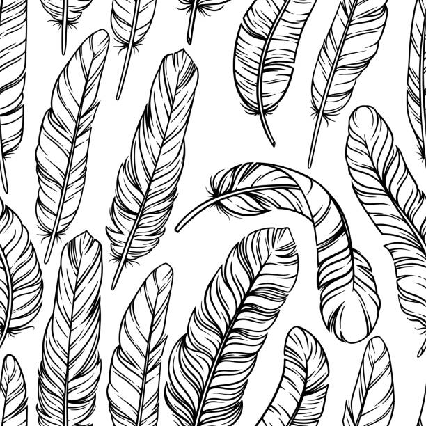 Bird feathers in seamless pattern. Decorative tile with feathers in white background. Vector illustration Bird feathers in seamless pattern. Decorative tile with feathers in white background. Hand drawn vector illustration background of sparrow outline tattoo stock illustrations
