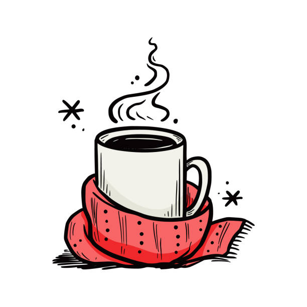 ilustrações de stock, clip art, desenhos animados e ícones de hot winter drink cup with scarf - coffee backgrounds cafe breakfast