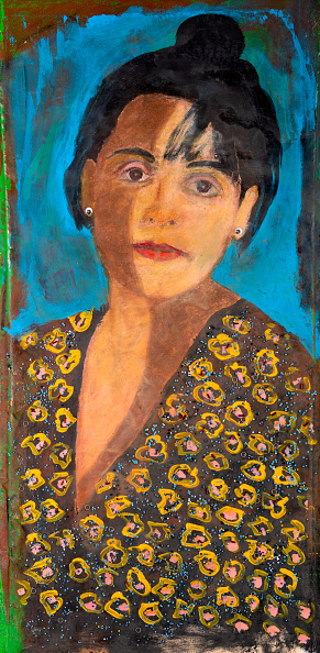 Original oil painting portrait of young woman with Yin and Yang symbolic shadows on her face and neck.