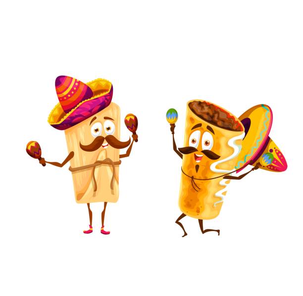Cartoon mexican tamales and chimichanga characters Cartoon mexican tamales and chimichanga happy characters. Vector mariachi funny musicians in sombrero playing maracas, tex mex fastfood artists with mustaches celebrate national holidays and sing tamales stock illustrations