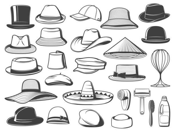 Hats, caps and panamas, hat cleaning accessories Men and women hats, caps and panamas. Vector top hat, trilby and sombrero, homburg, bucket and cowboy, asian, fez and boater, basketball, breton and flat cap, fedora, floppy and cleaning accessories pill organizer stock illustrations