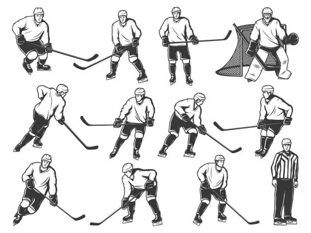 Vector illustration of Ice hockey players, sport team and referee on rink