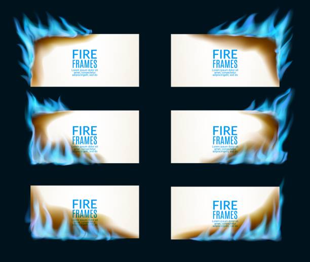 ilustrações de stock, clip art, desenhos animados e ícones de burning paper banners with natural gas flames - blue flame natural gas fireplace