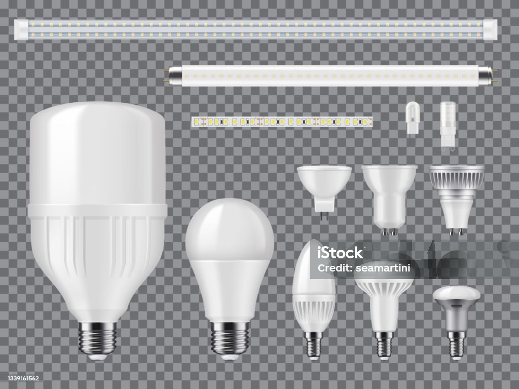 Led Bulbs Strips And Linear Lamps Vector Mockup Illustration - Download Image - Headquarters, Light Bulb, Vector iStock