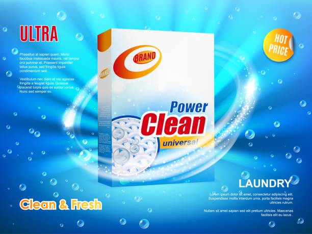 Washing powder packaging, vector ad poster design Washing powder packaging, vector ad poster design, realistic box with detergent for laundry ultra cleaning on blue background with water drops and sparking. Hot price offer advertising, product promo laundry detergent stock illustrations