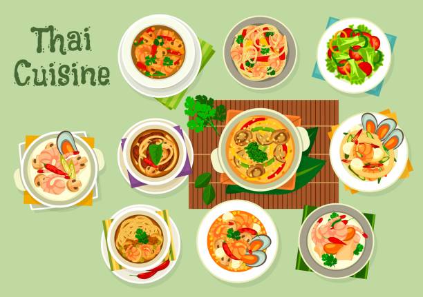 kuchnia tajska owoce morza z warzywami, mięsem, makaronem - chili pepper spice thailand food stock illustrations