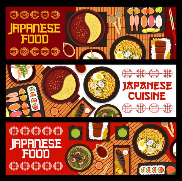 ilustraciones, imágenes clip art, dibujos animados e iconos de stock de comida japonesa cocina japonesa dibujos animados banners vectoriales - prepared shrimp skewer rice prepared fish
