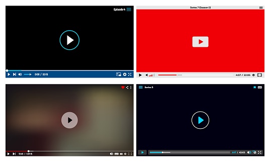 Online video player interface frames. Website media file vector window with playback line, play and volume buttons, multimedia, live stream or broadcasting application UI design elements or skin