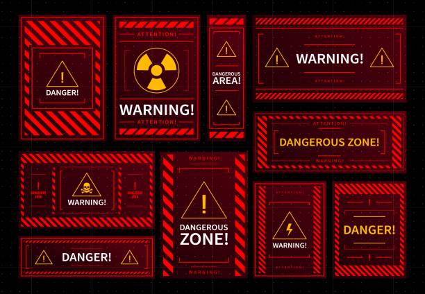 Danger zone warning frames, HUD interface alarms Danger and dangerous zone warning red frames. HUD interface elements, radioactive contamination, toxic pollution or electric shock danger alert windows, safety system attention alarm vector red panels warning sign stock illustrations