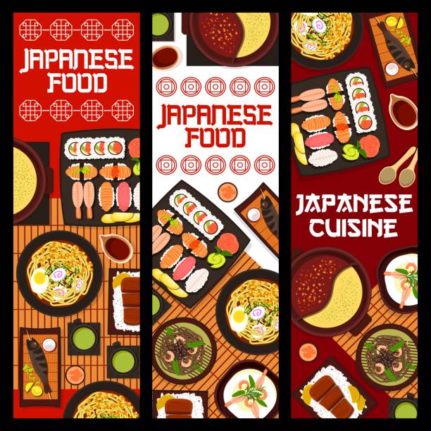 ilustraciones, imágenes clip art, dibujos animados e iconos de stock de banderas vectoriales de cocina japonesa, comida de japón. - prepared shrimp skewer rice prepared fish