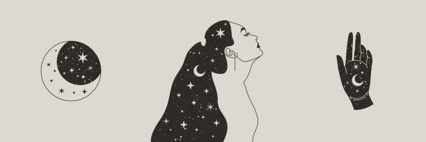 ilustrações, clipart, desenhos animados e ícones de set of mystical woman and moon, stars and hand in a trendy boho style. retrato do espaço vetor de uma garota em perfil - moon vector space night