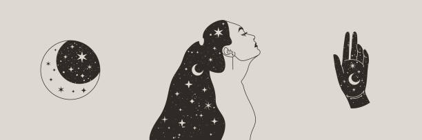 Set Of Mystical Woman and Moon, Stars and Hand in a Trendy Boho Style. Vector Space Portrait of A girl in Profile Set Of Mystical Woman and Moon, Stars and Hand in a Trendy Boho Style. Vector Space Portrait of A girl in Profile for wall print, t-shirt, tattoo Design, for social media post and stories forecasting illustrations stock illustrations