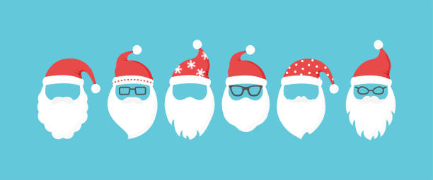 Santa Claus head, Christmas face vector icon, cute winter character with breard and hat. Holiday illustration Santa Claus head, Christmas face vector icon, cute winter character with breard and hat. Holiday illustration on blue background santa claus stock illustrations