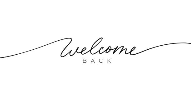 Welcome back black line lettering. Welcome back black line lettering. Hand drawn modern vector calligraphy isolated on white. Black simple inscription with swashes, wavy lettering text. Design for holiday greeting card and invitation. welcome stock illustrations
