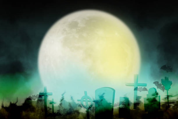 istock Full moon night Halloween, fantasy smoke and bat images in cemetery 1339165192