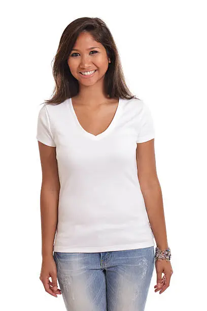 Portrait of an early 20s Malaysian girl wearing white tshirt isolated on white.